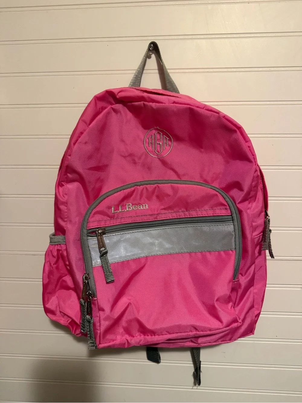L.L.Bean Pink Backpack Gray Trim Monogram AGA School Book Bag Daypack